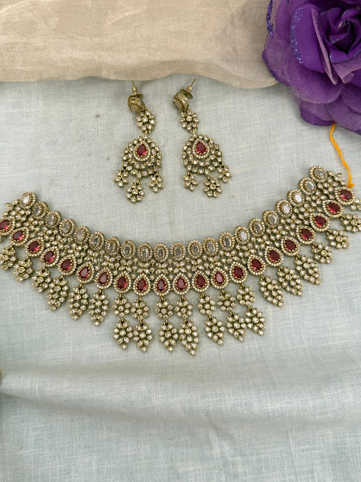 Luxurious Victorian Stone Short Necklace Set 646 - Mahilas