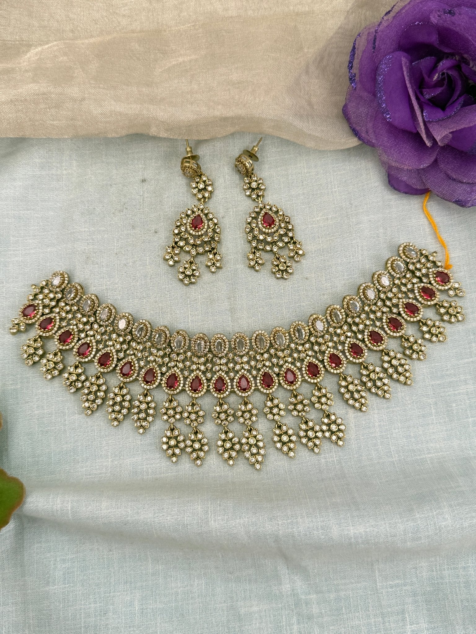 Luxurious Victorian Stone Short Necklace Set 646 - Mahilas