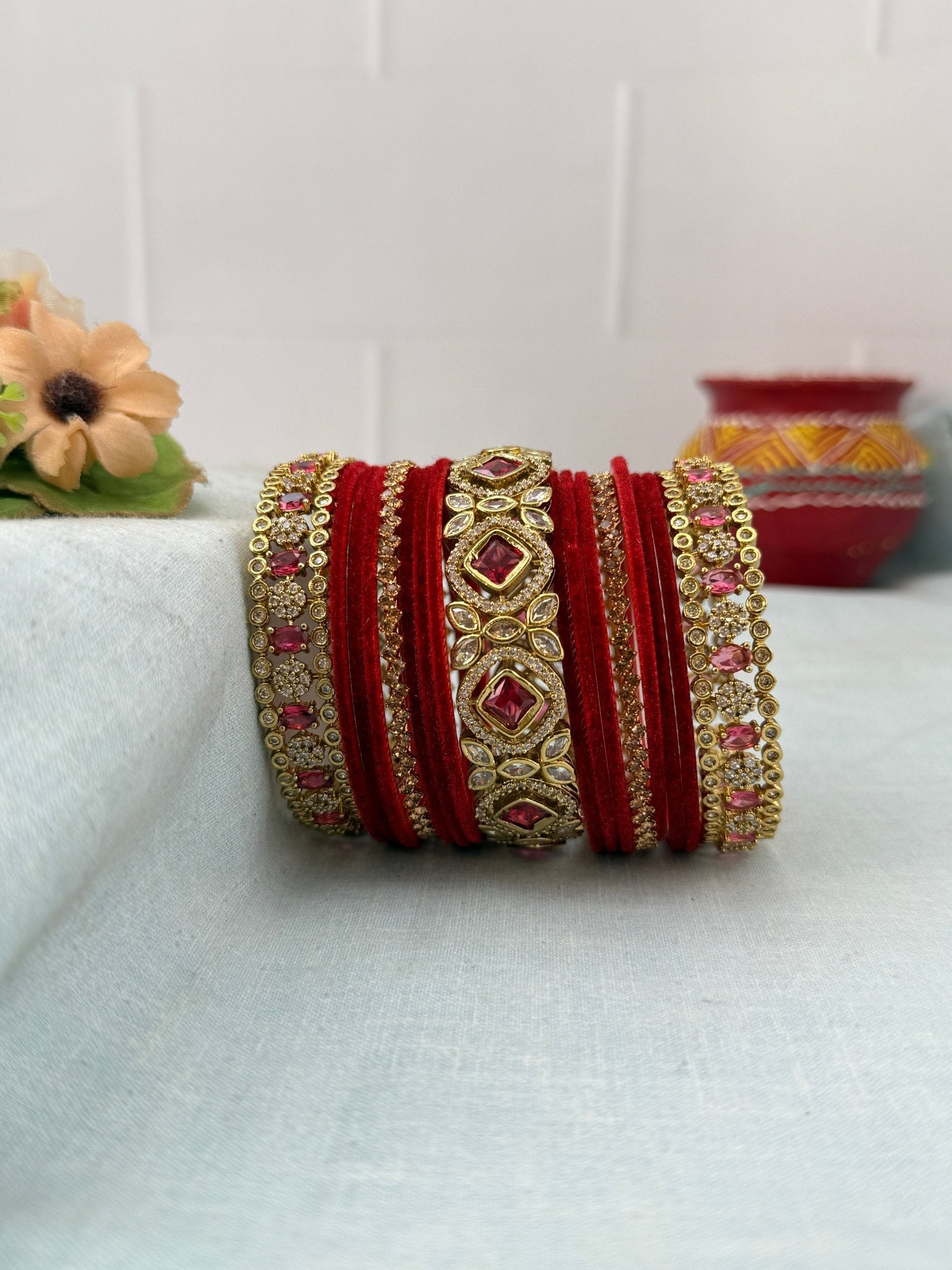 Luxurious Victorian Stone with Velvel Bridal Bangle Set - 5311 (11 Color Options) - Mahilas