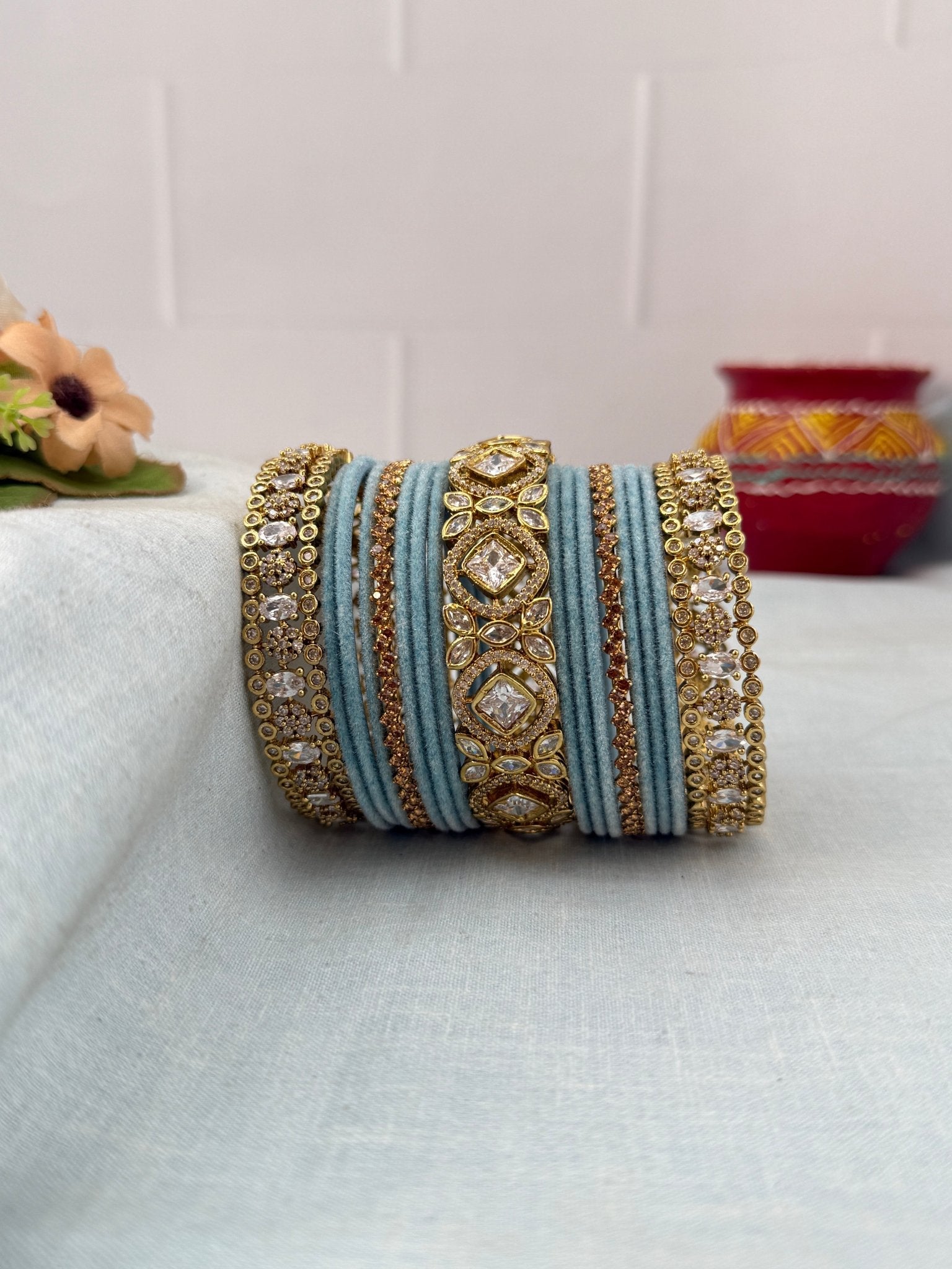 Luxurious Victorian Stone with Velvel Bridal Bangle Set - 5311 (11 Color Options) - Mahilas