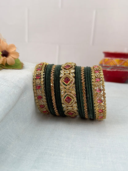 Luxurious Victorian Stone with Velvel Bridal Bangle Set - 5311 (11 Color Options) - Mahilas