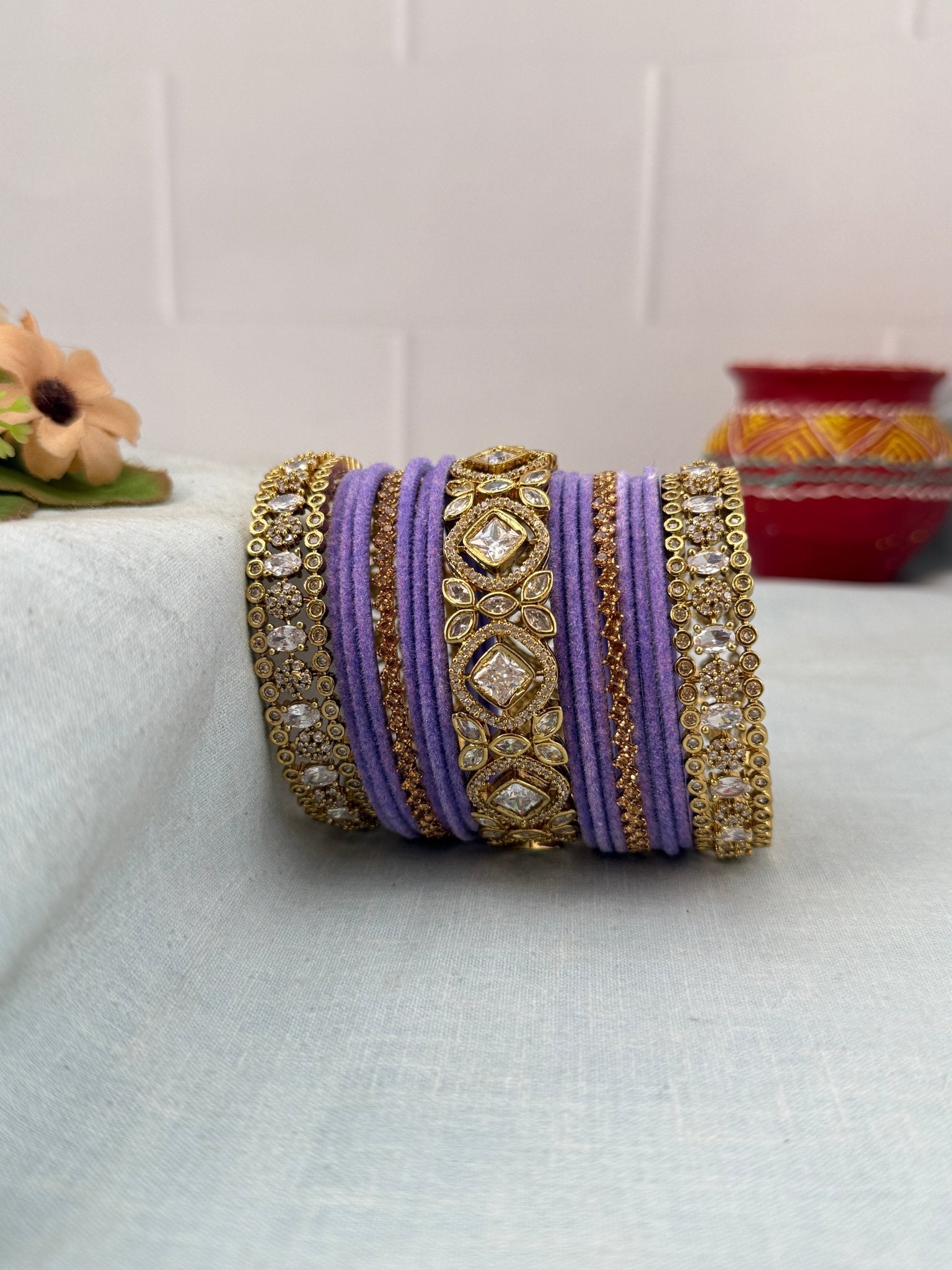 Luxurious Victorian Stone with Velvel Bridal Bangle Set - 5311 (11 Color Options) - Mahilas