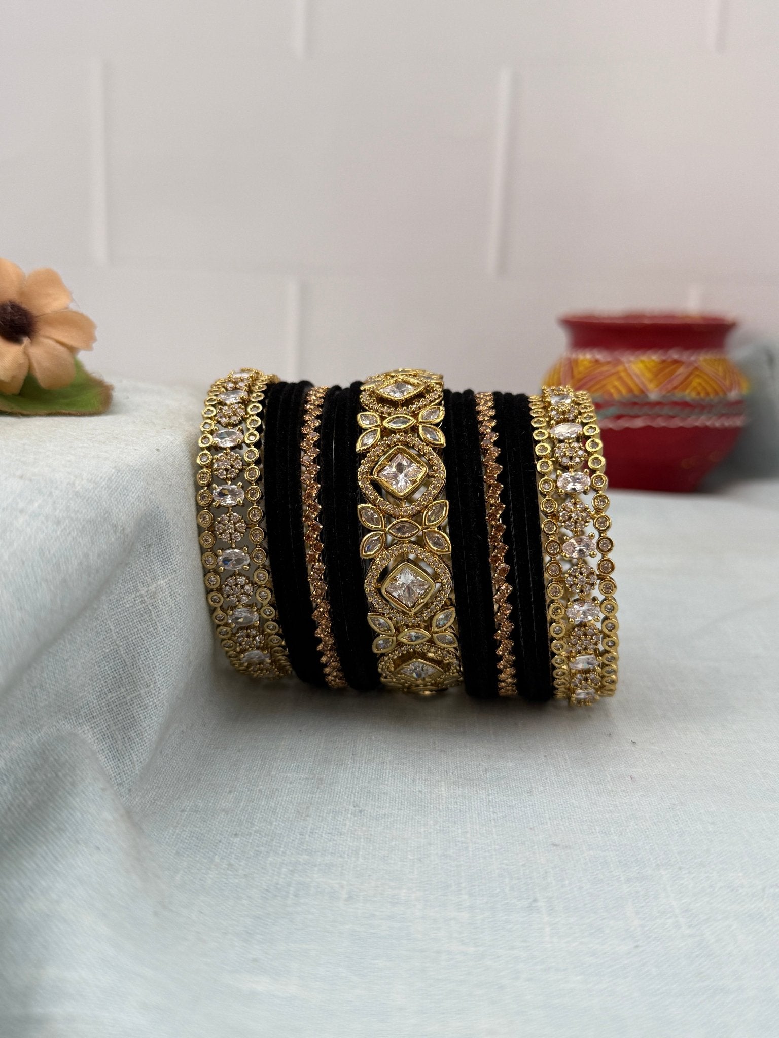 Luxurious Victorian Stone with Velvel Bridal Bangle Set - 5311 (11 Color Options) - Mahilas