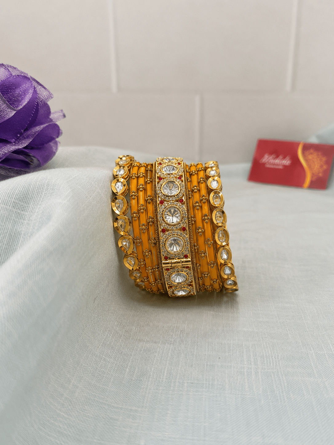 Luxurious Yellow Glass With Kundan Bangle Set - 5301 - Mahilas