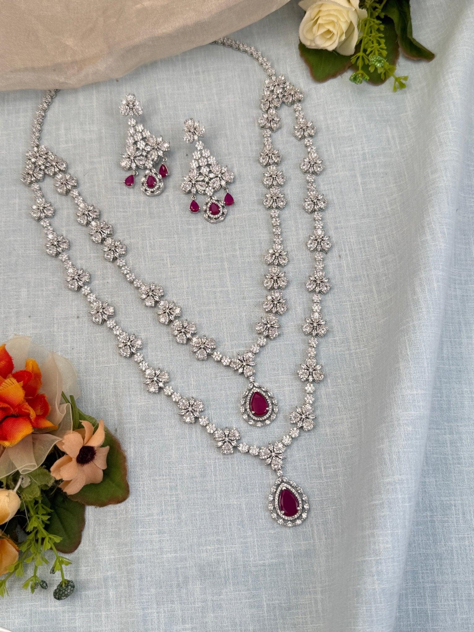 Luxurious Zircon Stone 2 Layer Mid Long Necklace Set 507 - Mahilas