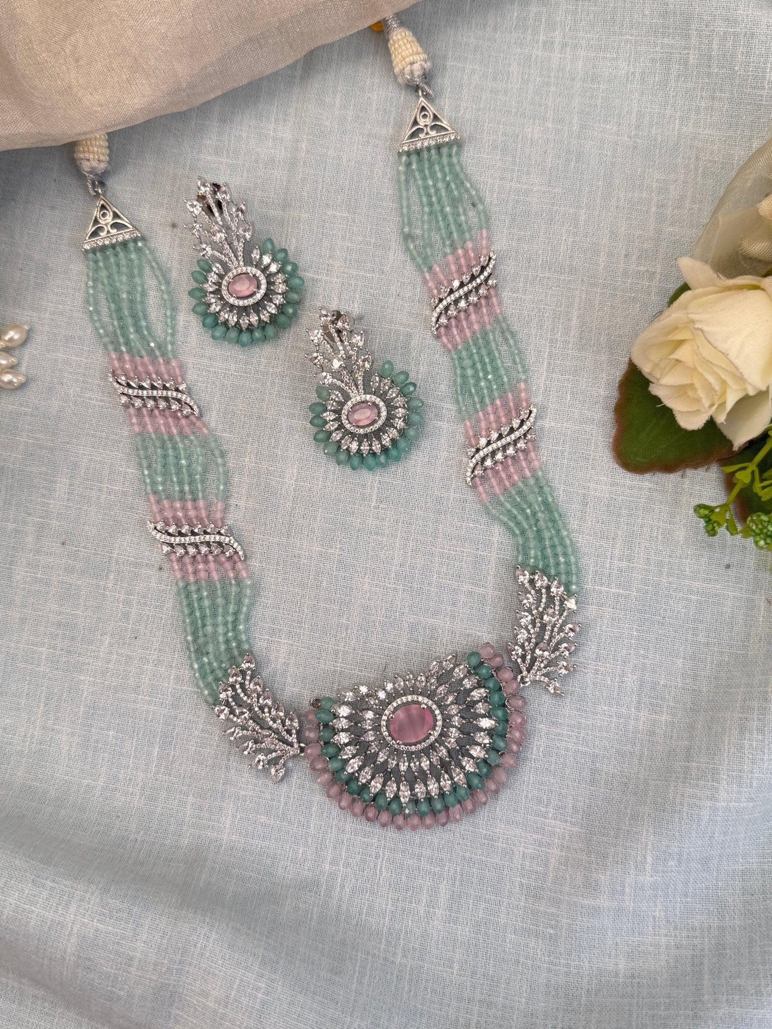 Luxurious Zircon Stone Mid Long Necklace Set 506 - Mahilas