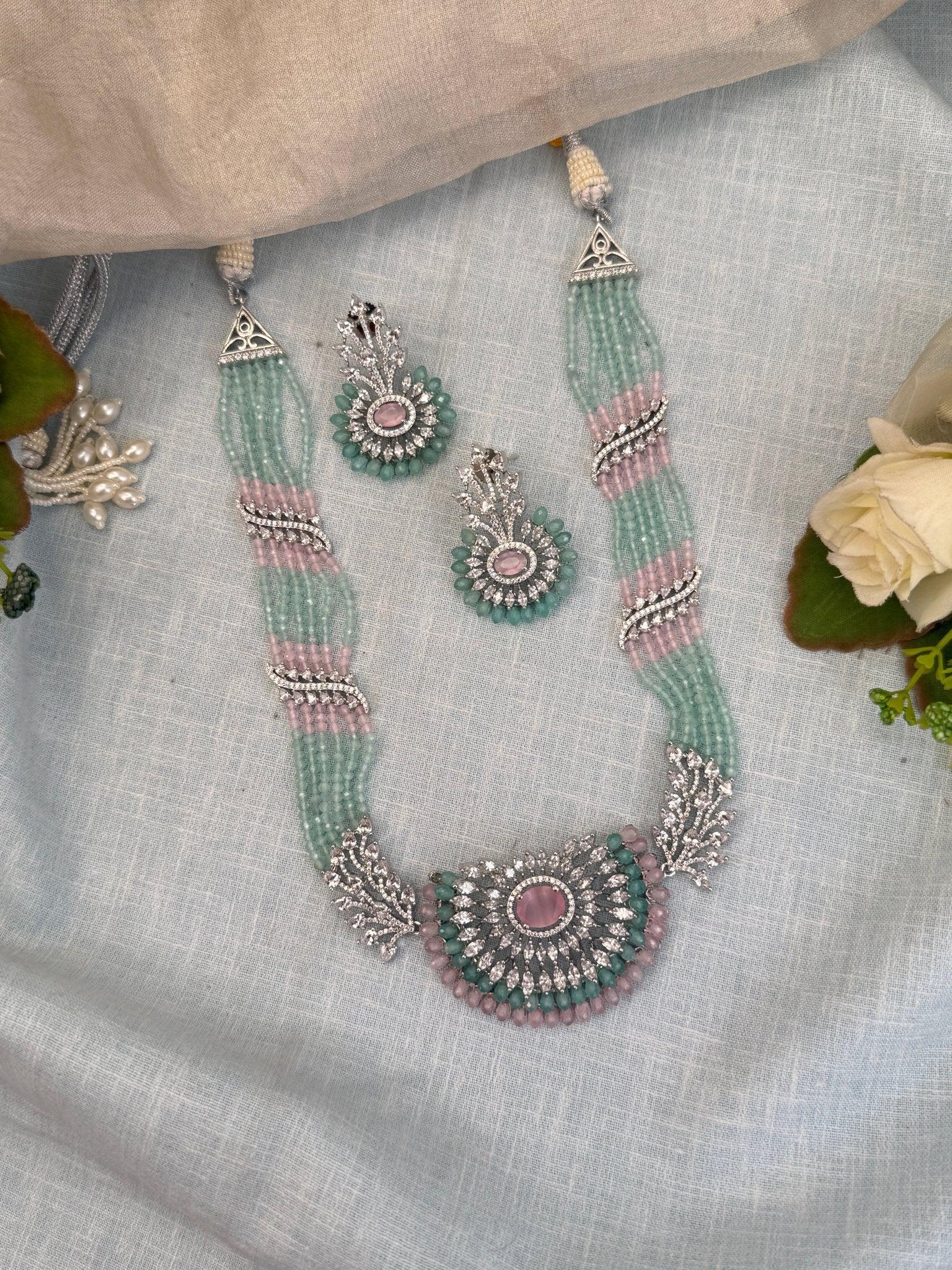 Luxurious Zircon Stone Mid Long Necklace Set 506 - Mahilas