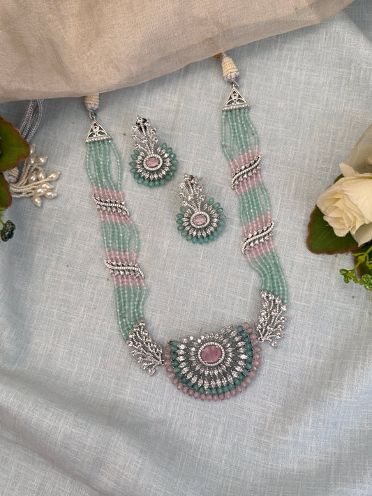 Luxurious Zircon Stone Mid Long Necklace Set 506 - Mahilas