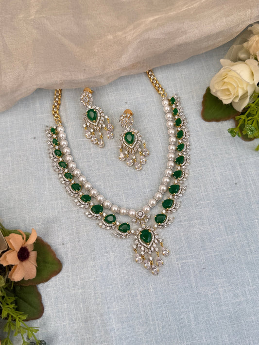 Luxurious Zircon Stone Pearl Short Necklace Set 508 - Mahilas