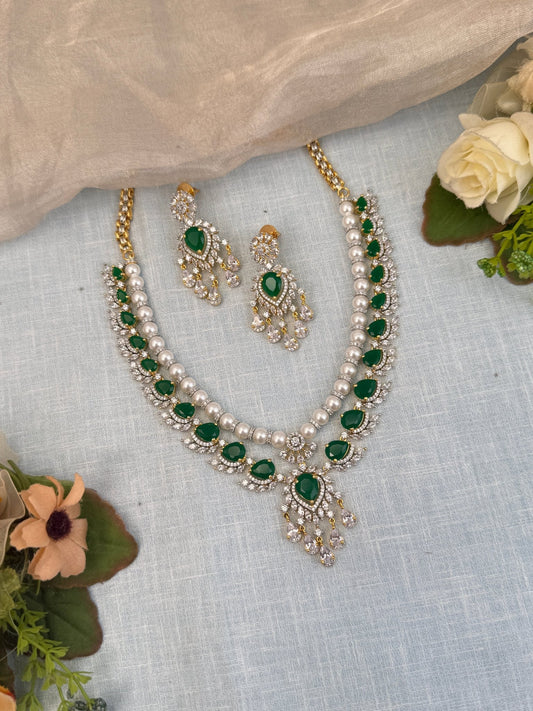 Luxurious Zircon Stone Pearl Short Necklace Set 508 - Mahilas