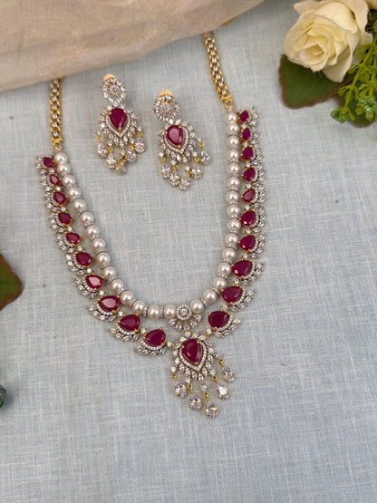 Luxurious Zircon Stone Pearl Short Necklace Set 512 - Mahilas