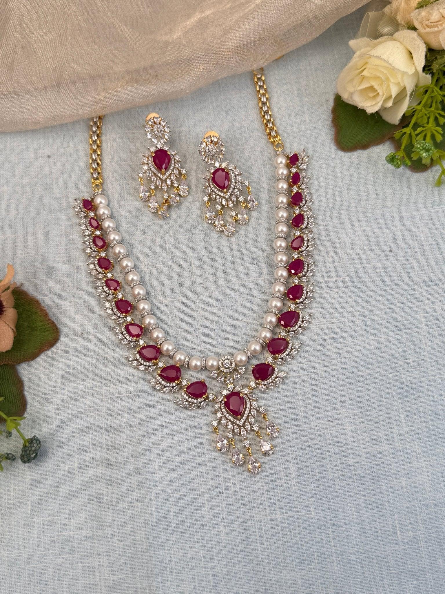 Luxurious Zircon Stone Pearl Short Necklace Set 512 - Mahilas