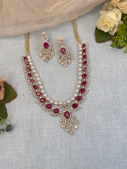 Luxurious Zircon Stone Pearl Short Necklace Set 512 - Mahilas