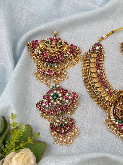 Maharani Grand Changable Pendant Antique Kaasu Necklace Short Set | N1021 - Mahilas