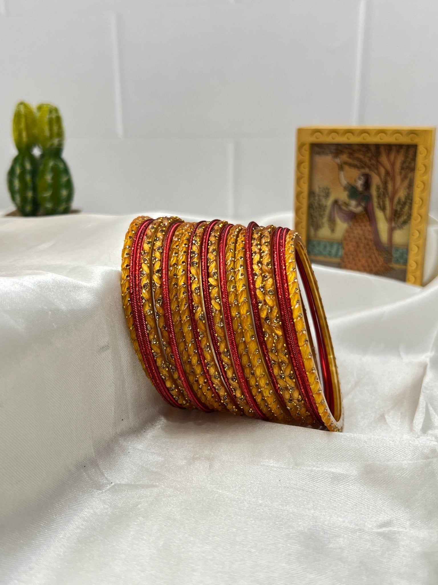 Mustard and Red Glass & Stone Bangle Set 5066 - Mahilas