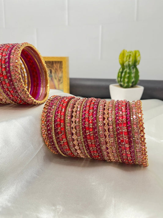 Onion Pink, Pink & Gold Glass and Stone Bangle Set 5042 - Mahilas