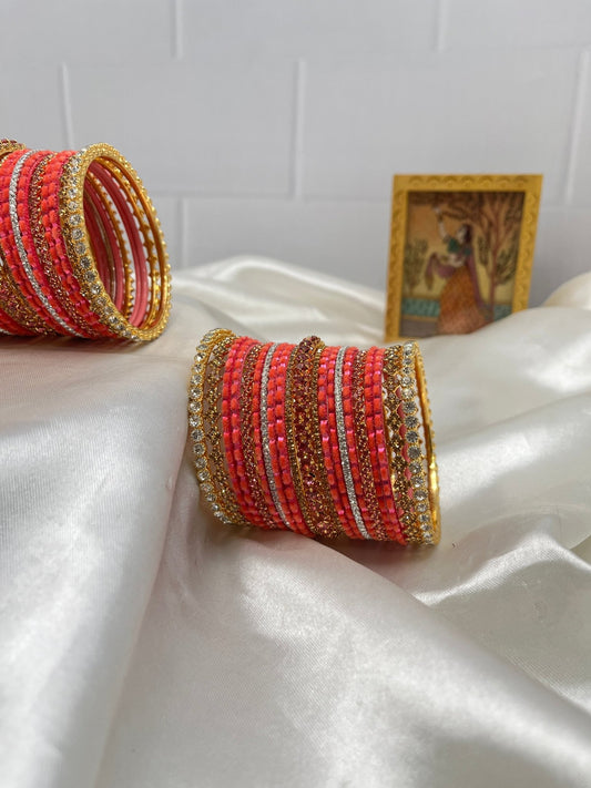 Onion Pink, Silver & Copper Gold Designer Stone Metal Bangle Set 5062 - Mahilas