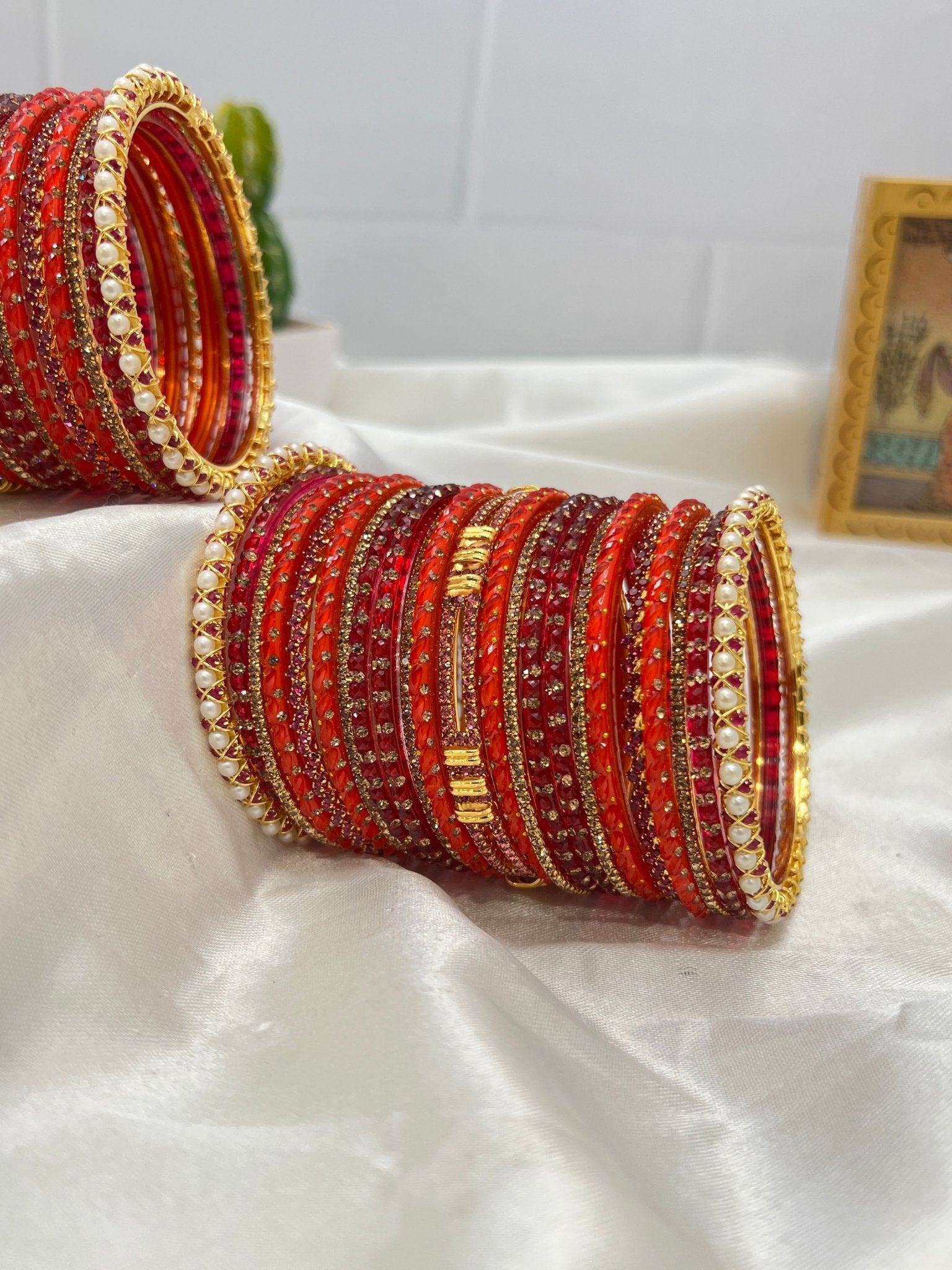 Orange & Rani Pink Bridal Glass and Stone Bangle Set 5052 - Mahilas