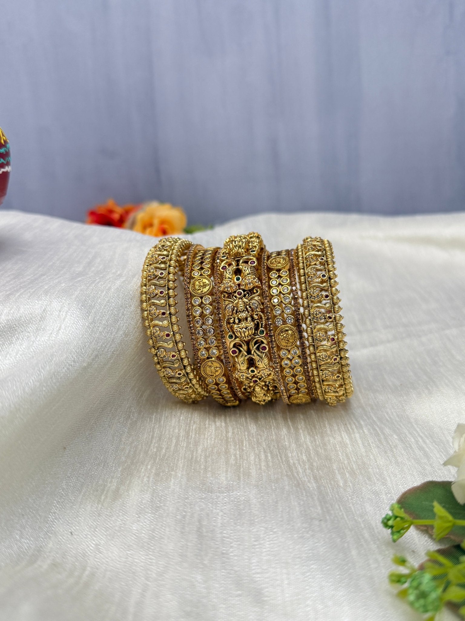 Original Antique Gold Bridal Premium Bangle Set - 5164 - Mahilas