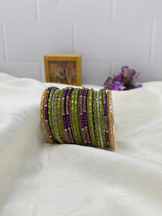 Parrot Green And Purple Designer Glass & Stone Bangle Set - 5134 - Mahilas