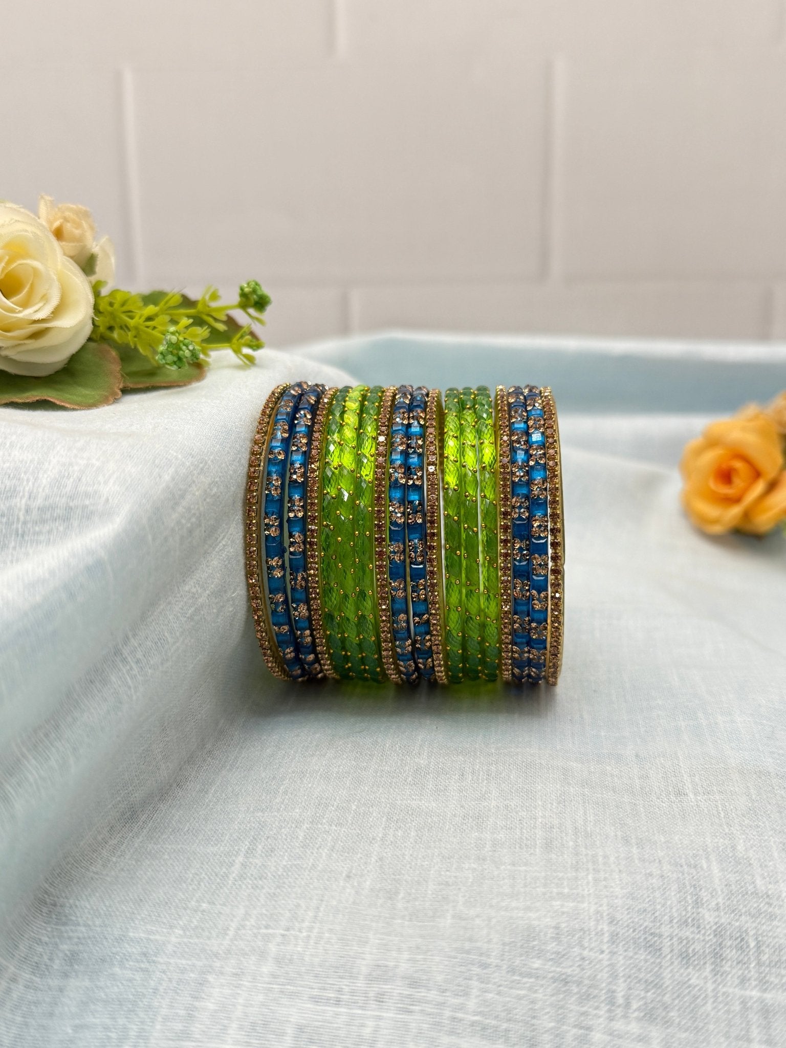 Parrot Green & Blue Glass Bangle Set - 5174 - Mahilas