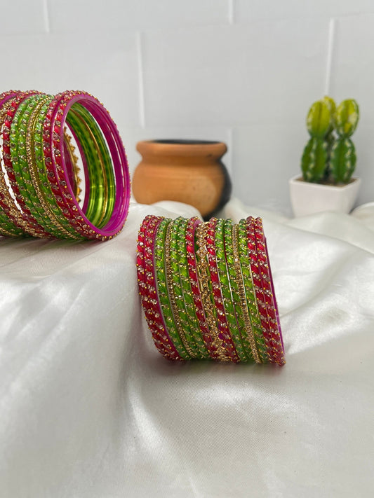 Parrot Green & Rani Pink Glass & Stone Bangle Set 5039 - Mahilas