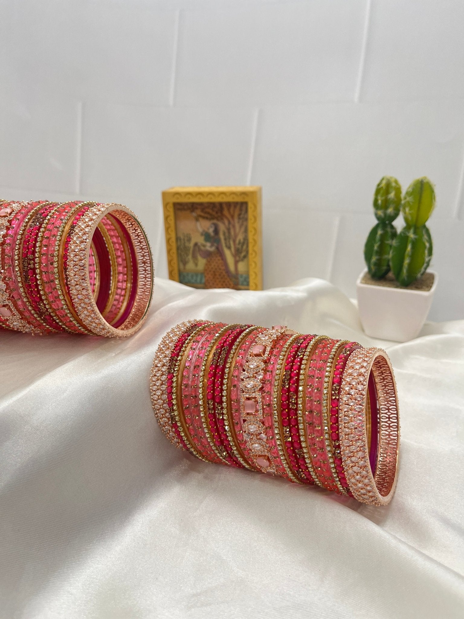 Pastel Pink Glass & Stone Bangle Set 5016 - Mahilas