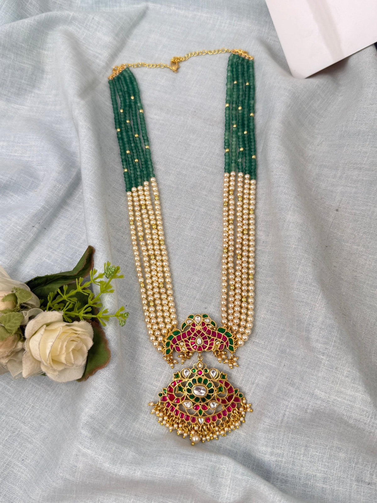 Pearl Layered Necklace Peacock Jadau Kundan Premium | N0656 - Mahilas