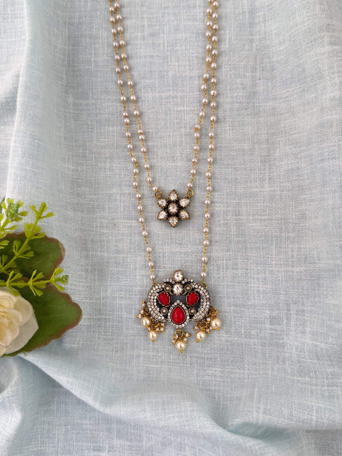 Pearl Layered Necklace Stone Pendant Premium Long| N1152 - Mahilas