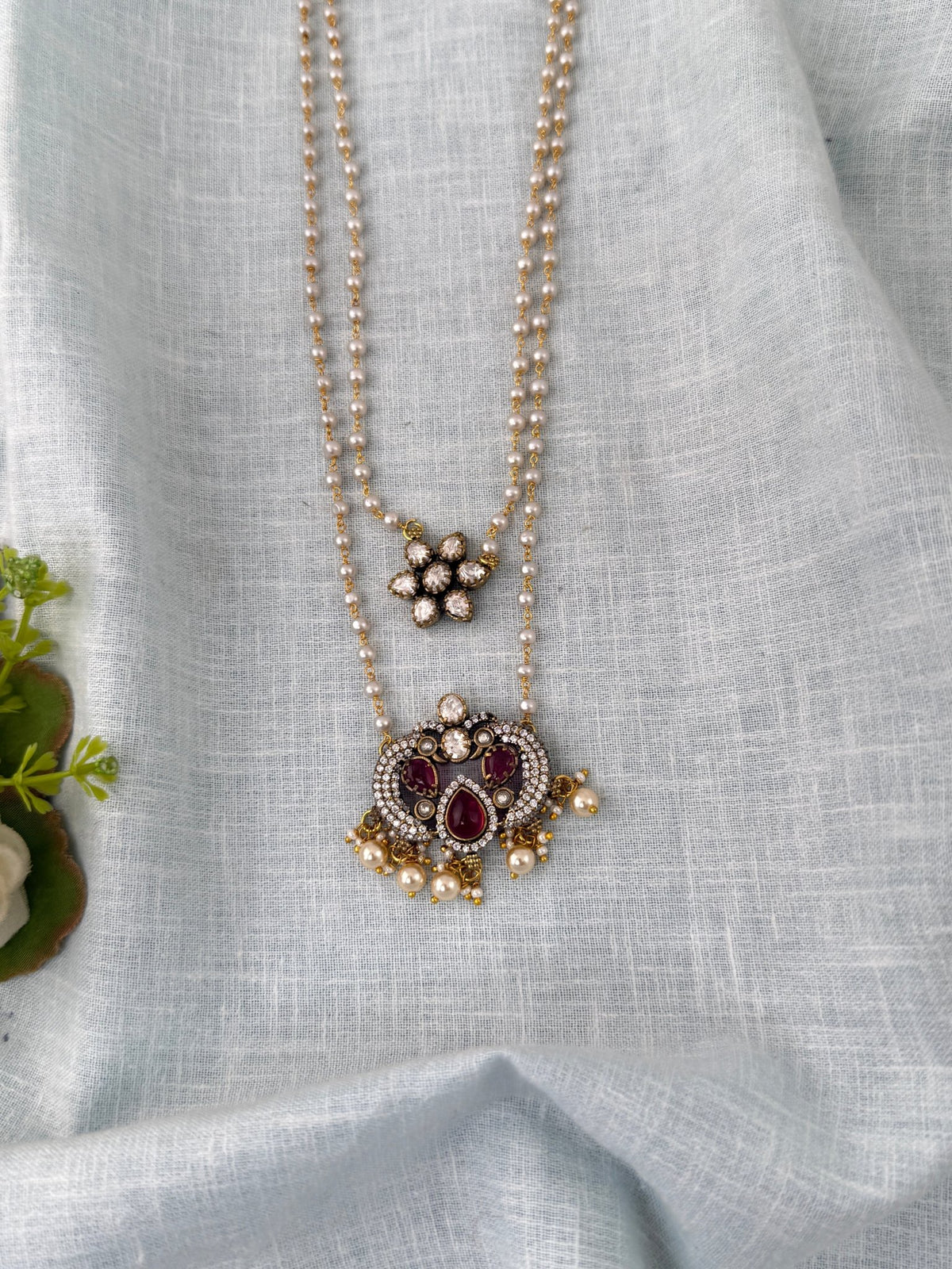 Pearl Layered Necklace Stone Pendant Premium Long| N1153 - Mahilas