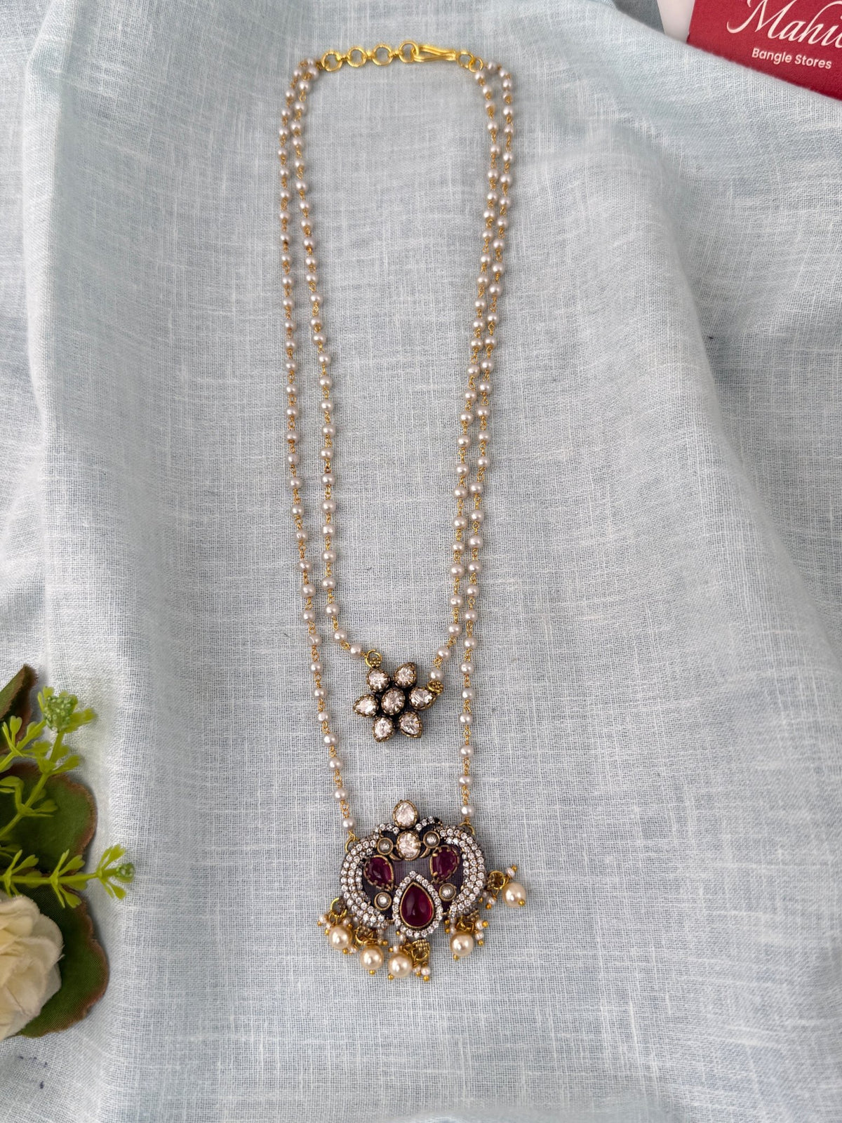 Pearl Layered Necklace Stone Pendant Premium Long| N1153 - Mahilas