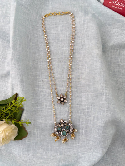 Pearl Layered Necklace Stone Pendant Premium Long| N1154 - Mahilas
