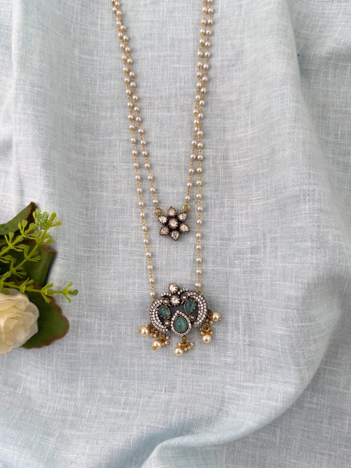 Pearl Layered Necklace Stone Pendant Premium Long| N1154 - Mahilas
