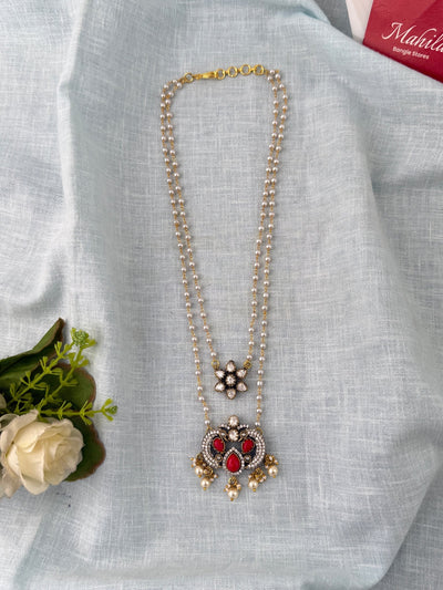 Pearl Layered Necklace Stone Pendant Premium Long| N1157 - Mahilas