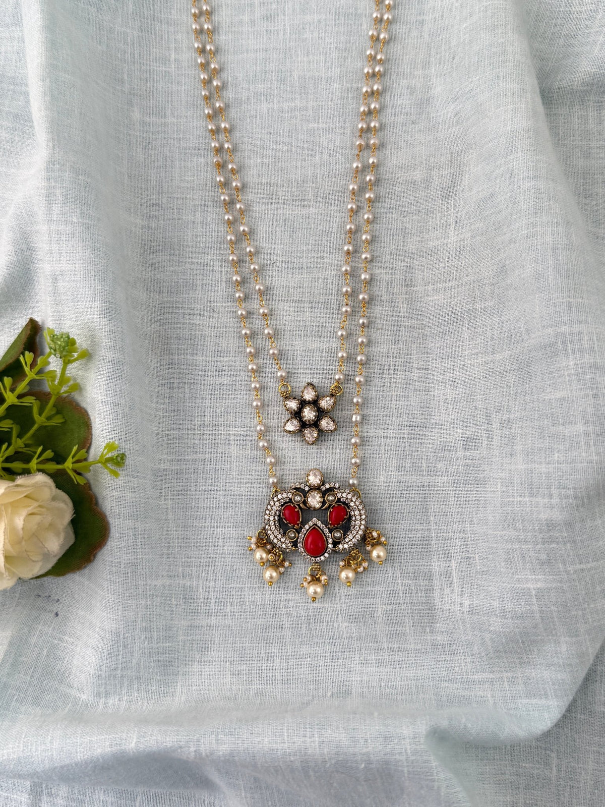 Pearl Layered Necklace Stone Pendant Premium Long| N1157 - Mahilas