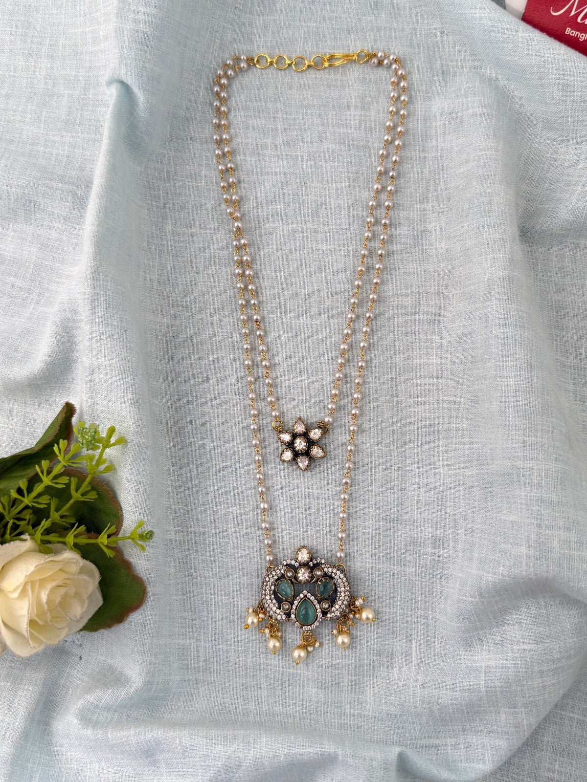 Pearl Layered Necklace Stone Pendant Premium Long| N1158 - Mahilas