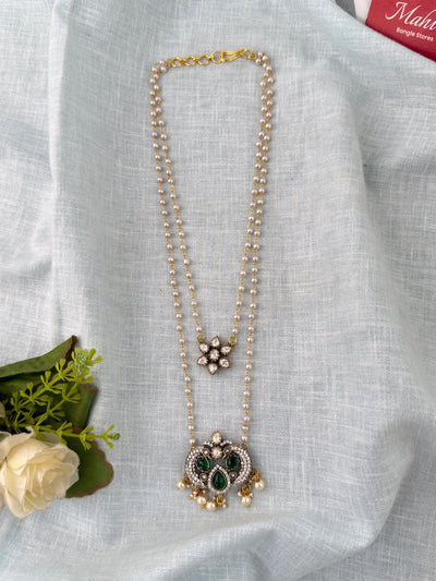 Pearl Layered Necklace Stone Pendant Premium Long| N1159 - Mahilas