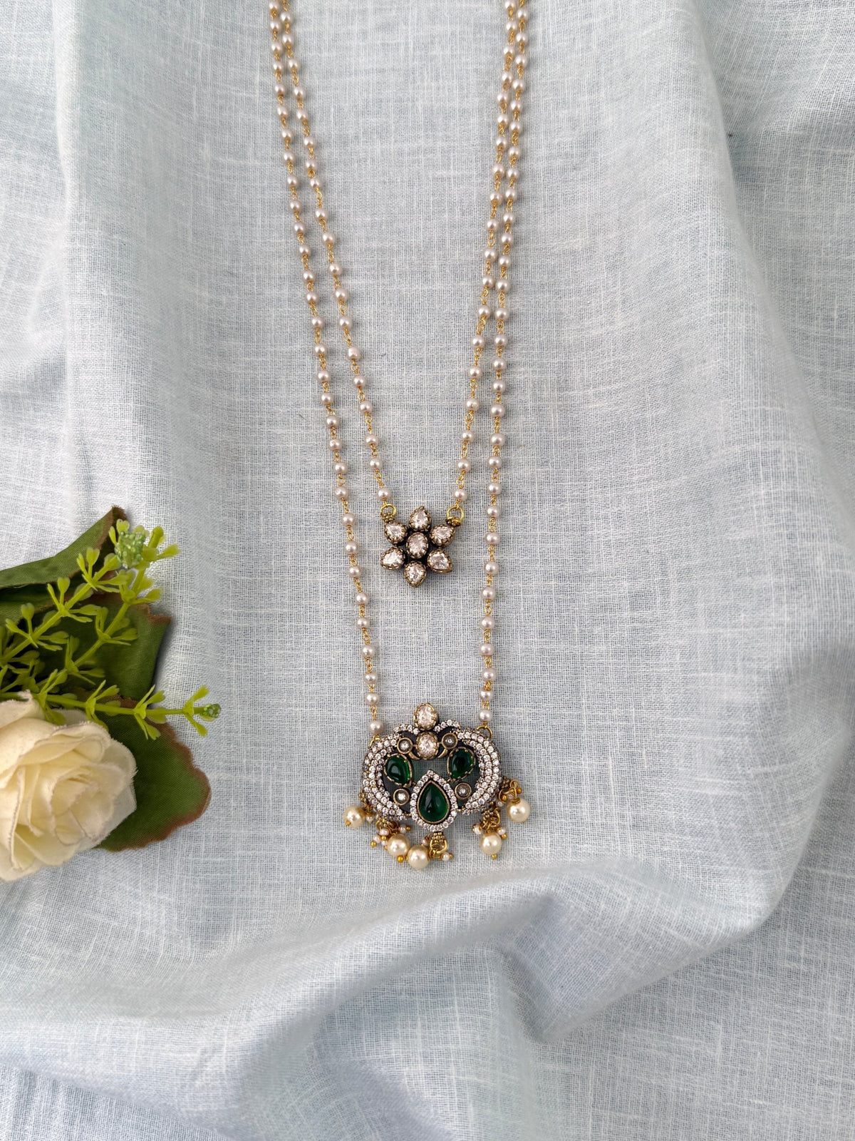 Pearl Layered Necklace Stone Pendant Premium Long| N1159 - Mahilas
