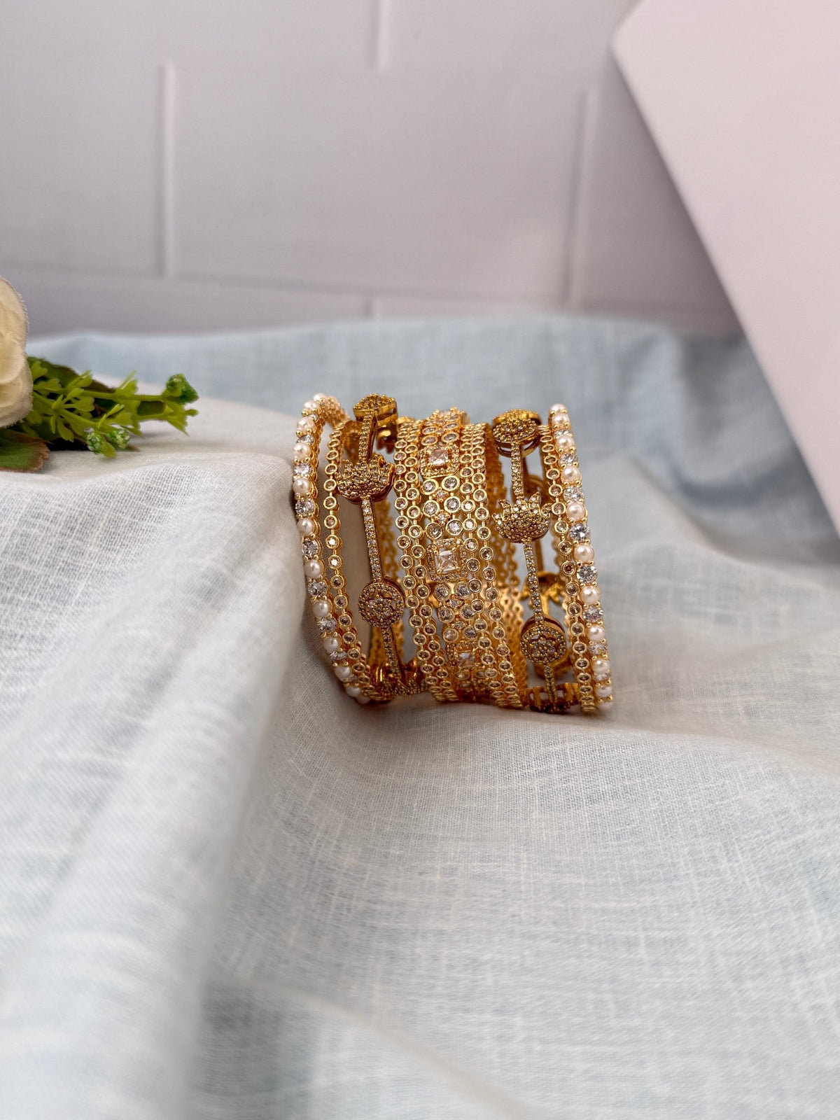 Pearl Lotus Luxurious Stone Bridal Bangles Set - Mahilas