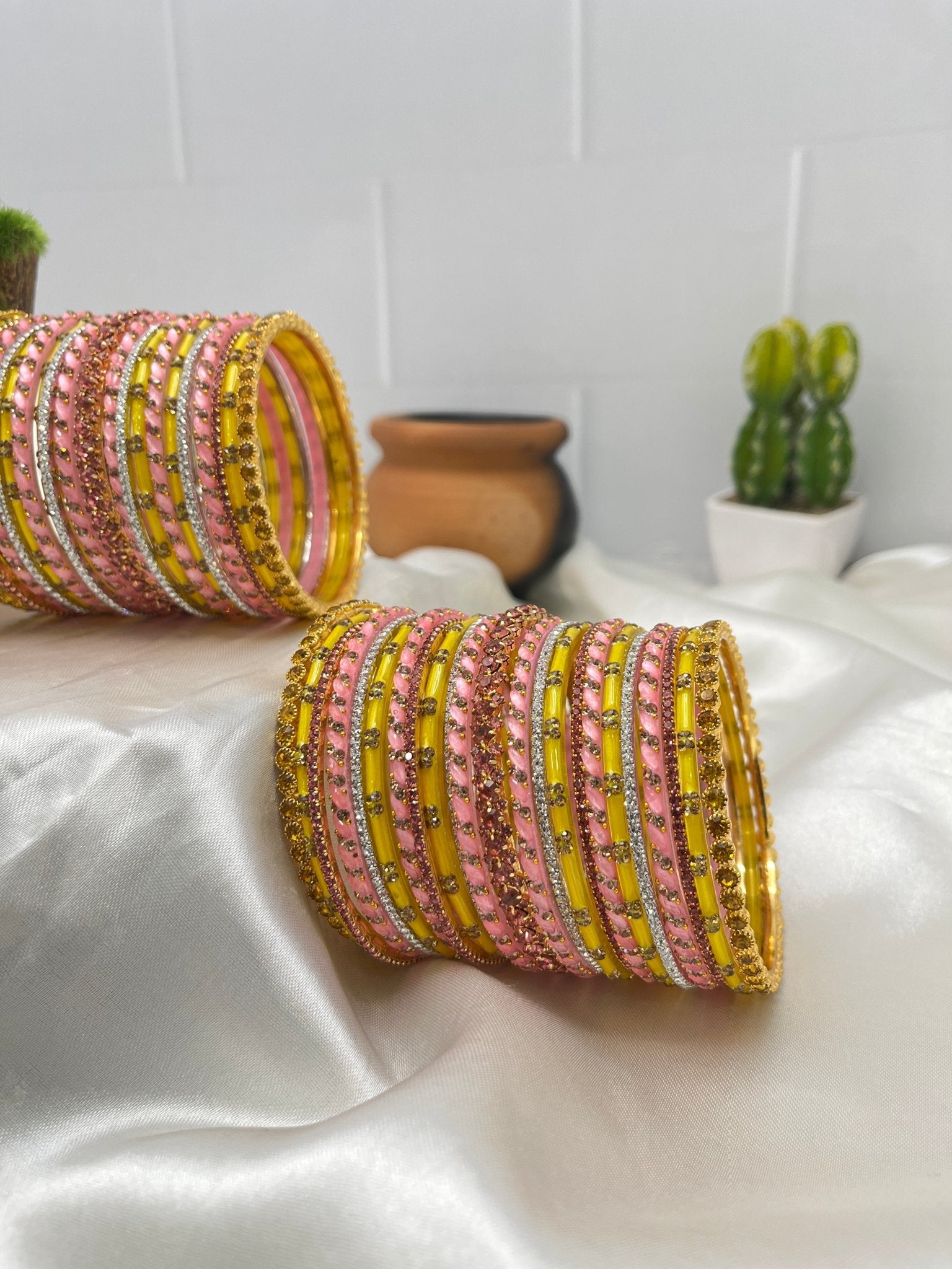 Pink & Yellow Glass & Stone Bangle Set 5034 - Mahilas