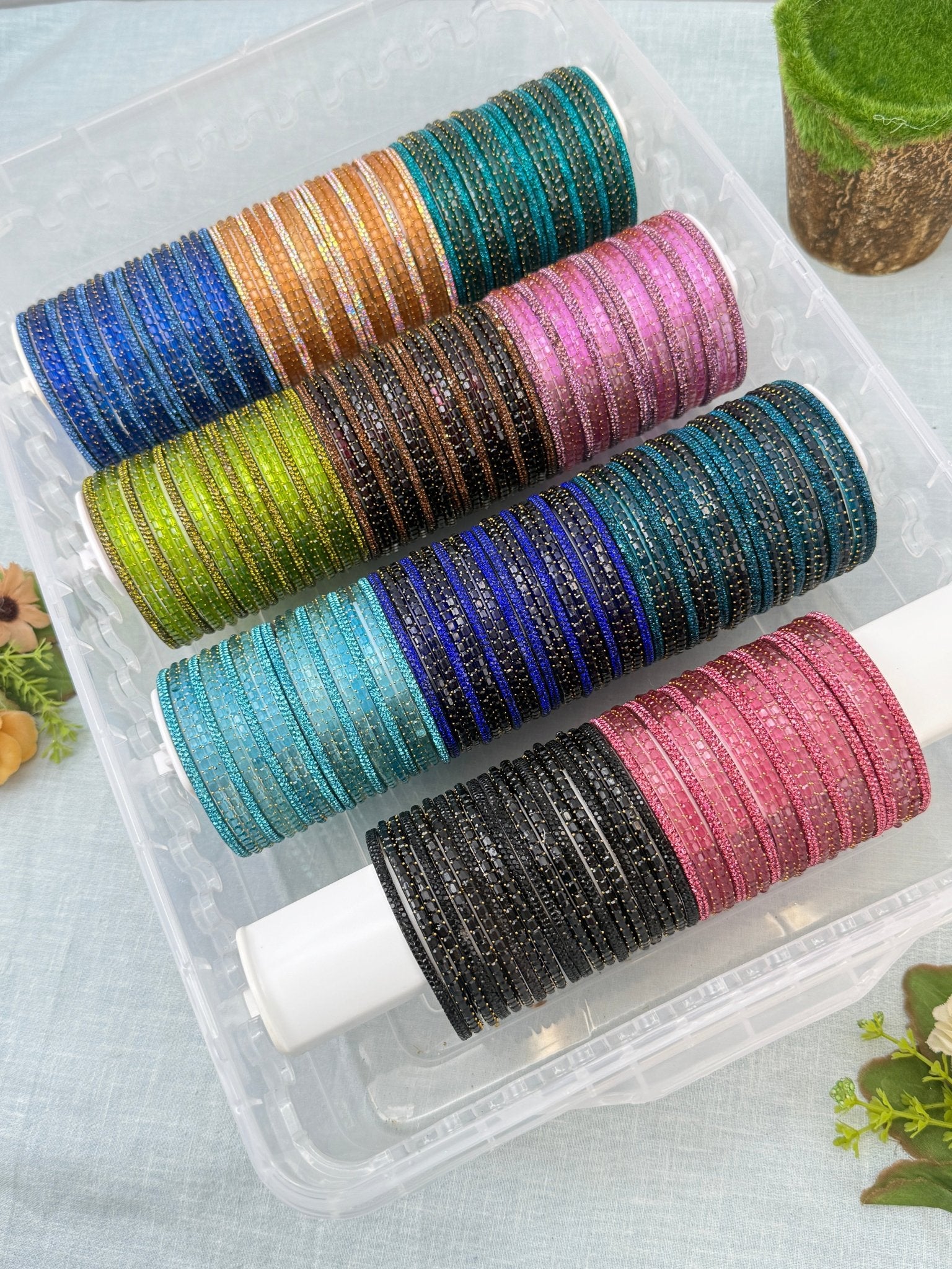 Premium Plain Metal Bangles with Rain Drop Glass Bangle Full Box 11 Colors - 3466 - Mahilas