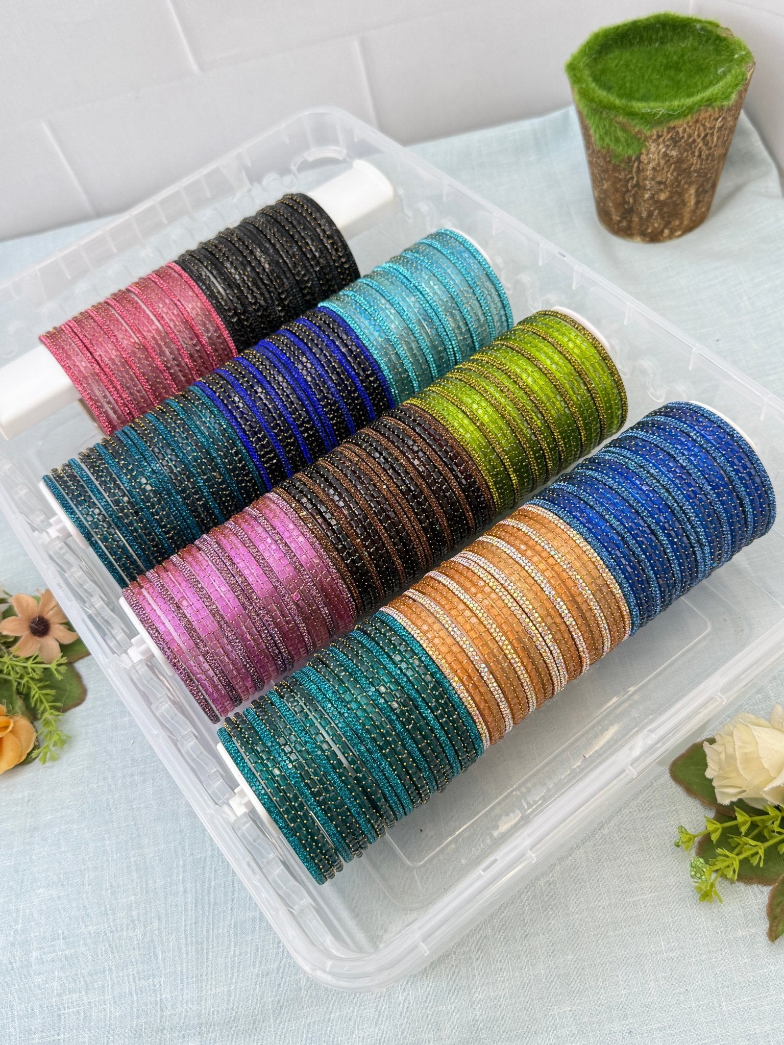 Premium Plain Metal Bangles with Rain Drop Glass Bangle Full Box 11 Colors - 3466 - Mahilas