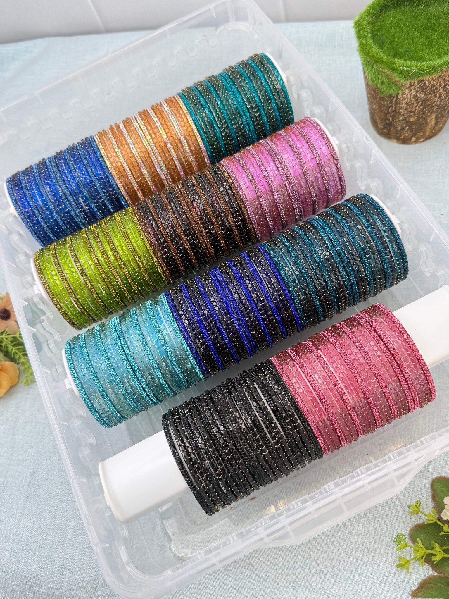 Premium Plain Metal Bangles with Rain Drop Glass Bangle Full Box 11 Colors - 3466 - Mahilas