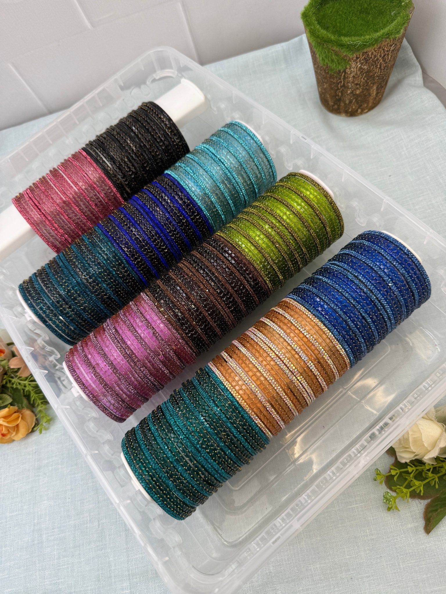 Premium Plain Metal Bangles with Rain Drop Glass Bangle Full Box 11 Colors - 3466 - Mahilas