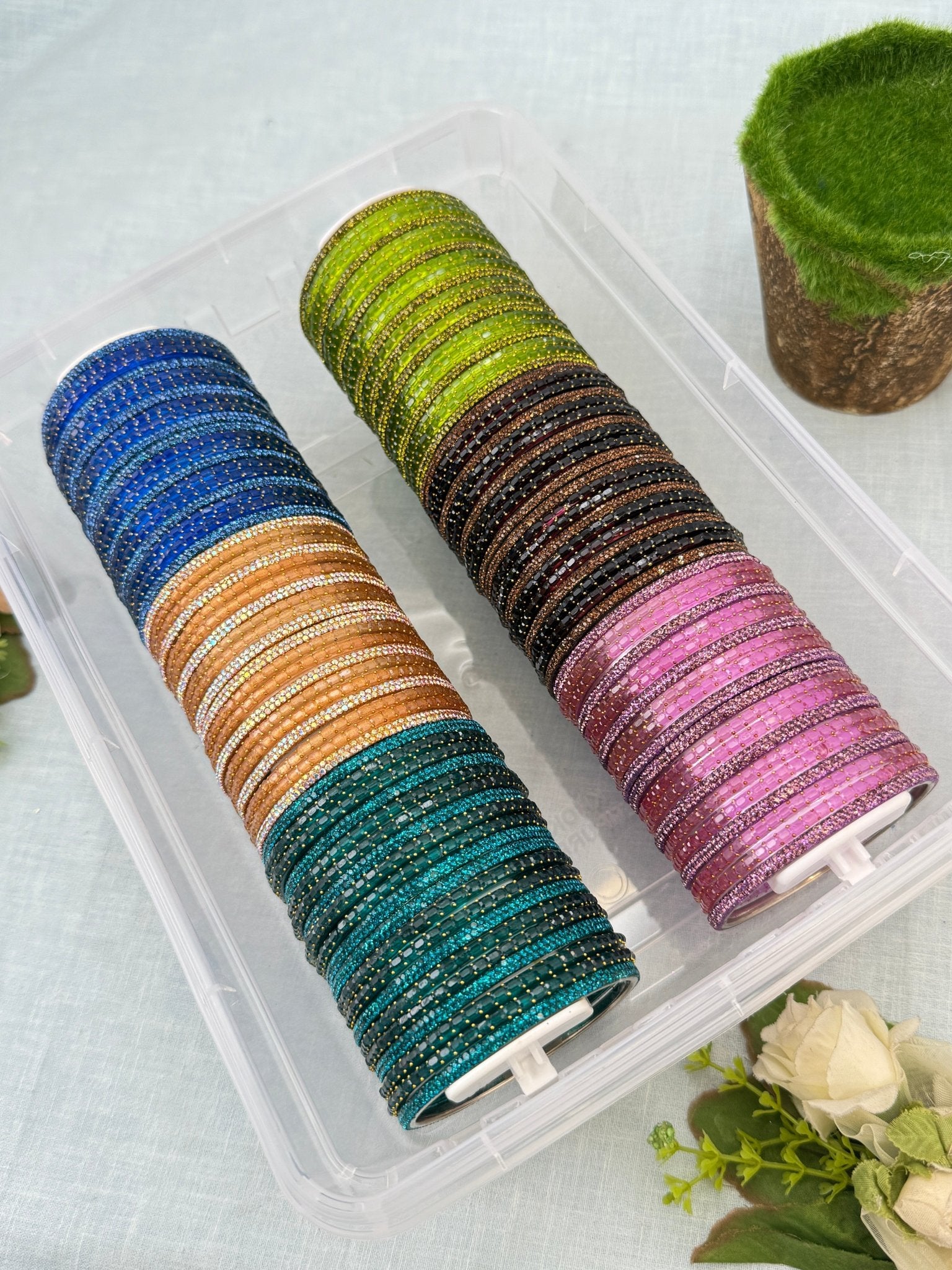 Premium Plain Metal Bangles with Rain Drop Glass Bangle Full Box 6 Colors - 3467 - Mahilas