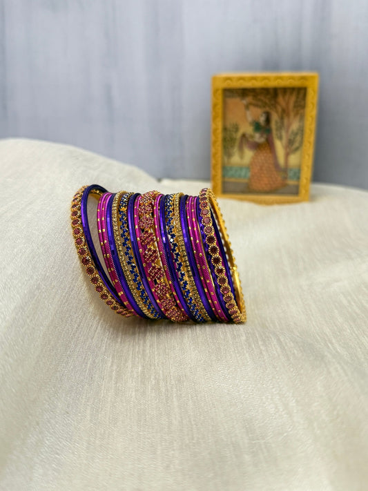 Purple And Rani Pink Metal & Stone Bangle Set - 5146 - Mahilas