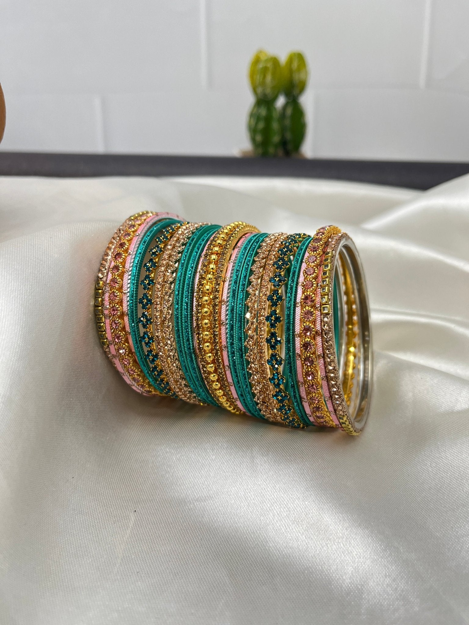 Rama Green & Baby Pink Stone Bangle Set 5047 - Mahilas