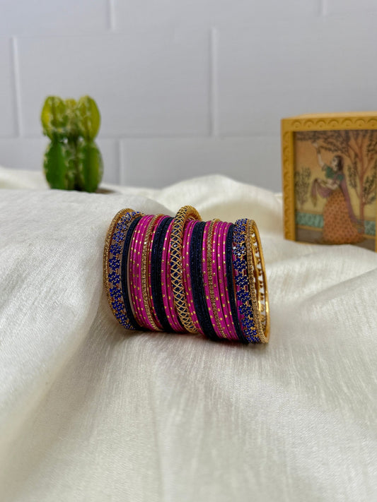 Rani Pink And Navy Blue Metal & Stone Bangle Set - 5149 - Mahilas