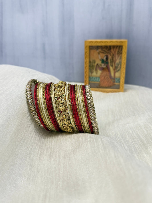 Red And Cream White Metal & Antique Bangle Set - 5145 - Mahilas