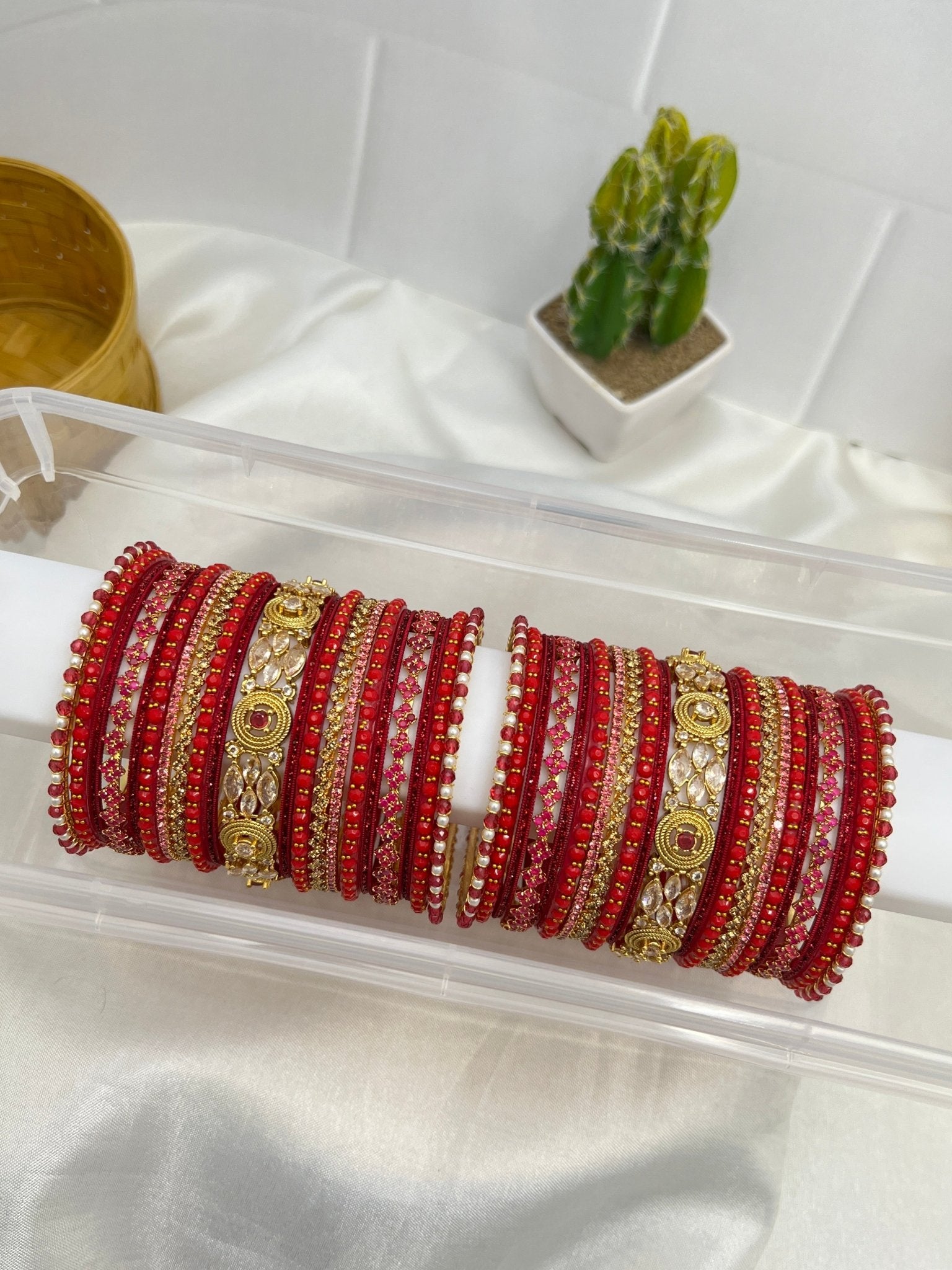 Red & Ruby Stone & Glass Bangle Set 5014 - Mahilas